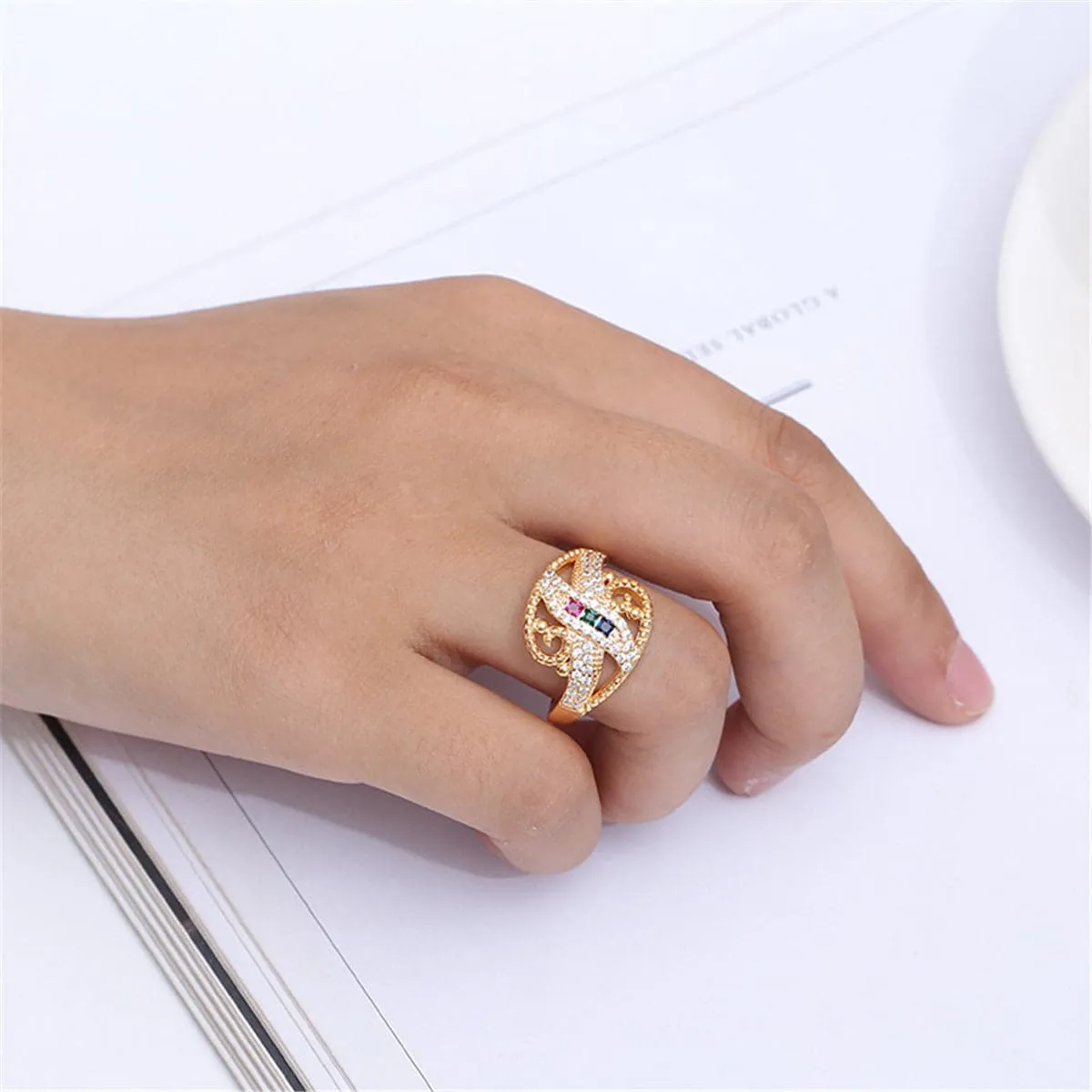 Rainbow Crystal & Cubic Zirconia Leaf Ring
