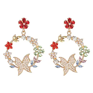 Red Crystal & Cubic Zirconia Floral Butterfly Drop Earrings