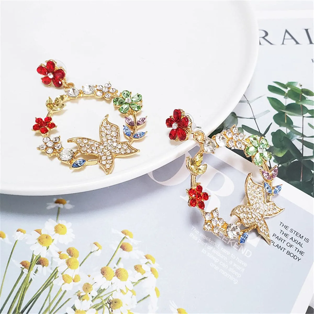 Red Crystal & Cubic Zirconia Floral Butterfly Drop Earrings