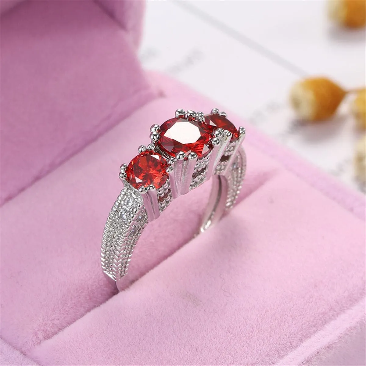 Red Crystal & Silver-Plated Three-Stone Ring