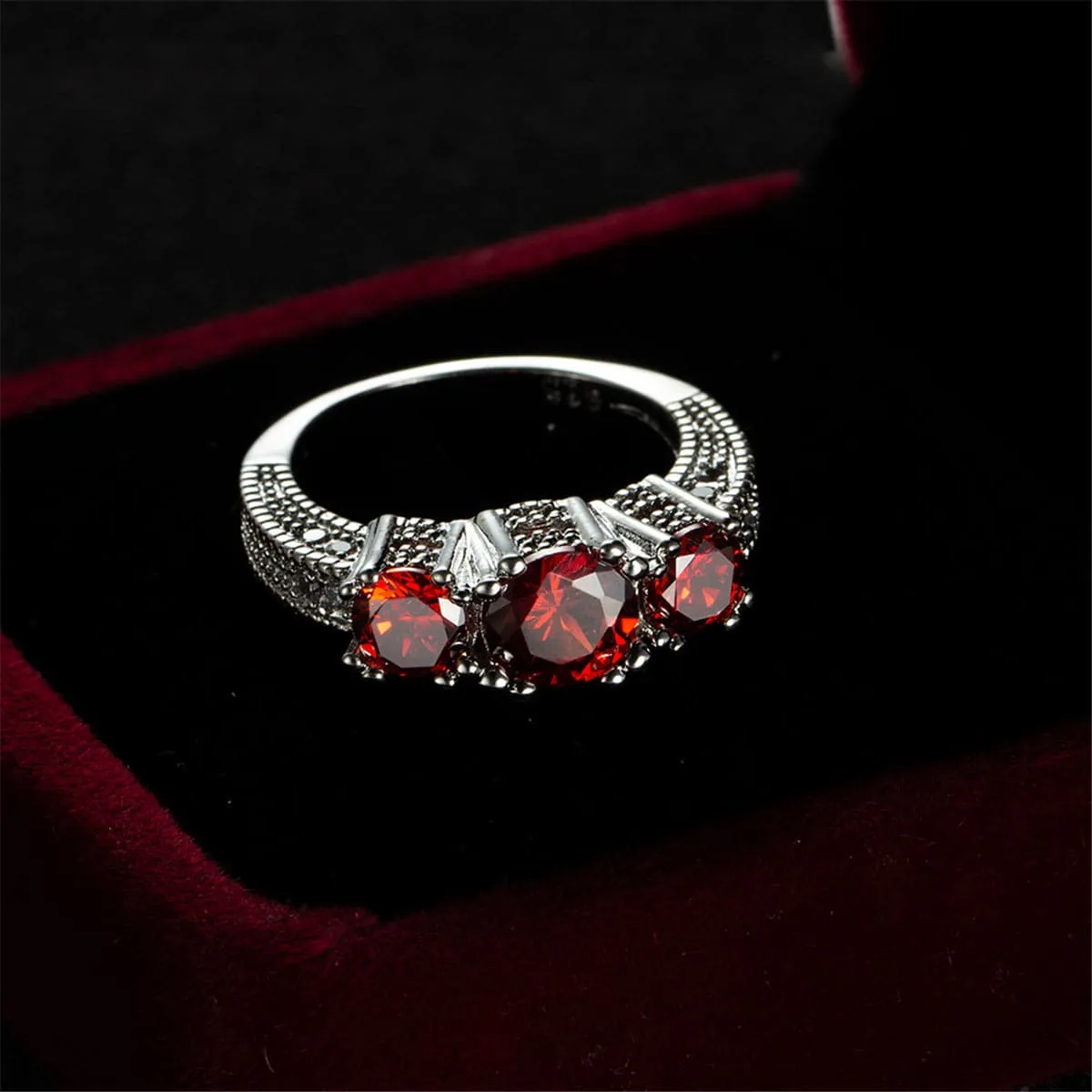Red Crystal & Silver-Plated Three-Stone Ring