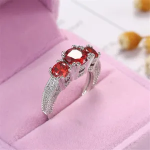 Red Crystal & Silver-Plated Three-Stone Ring