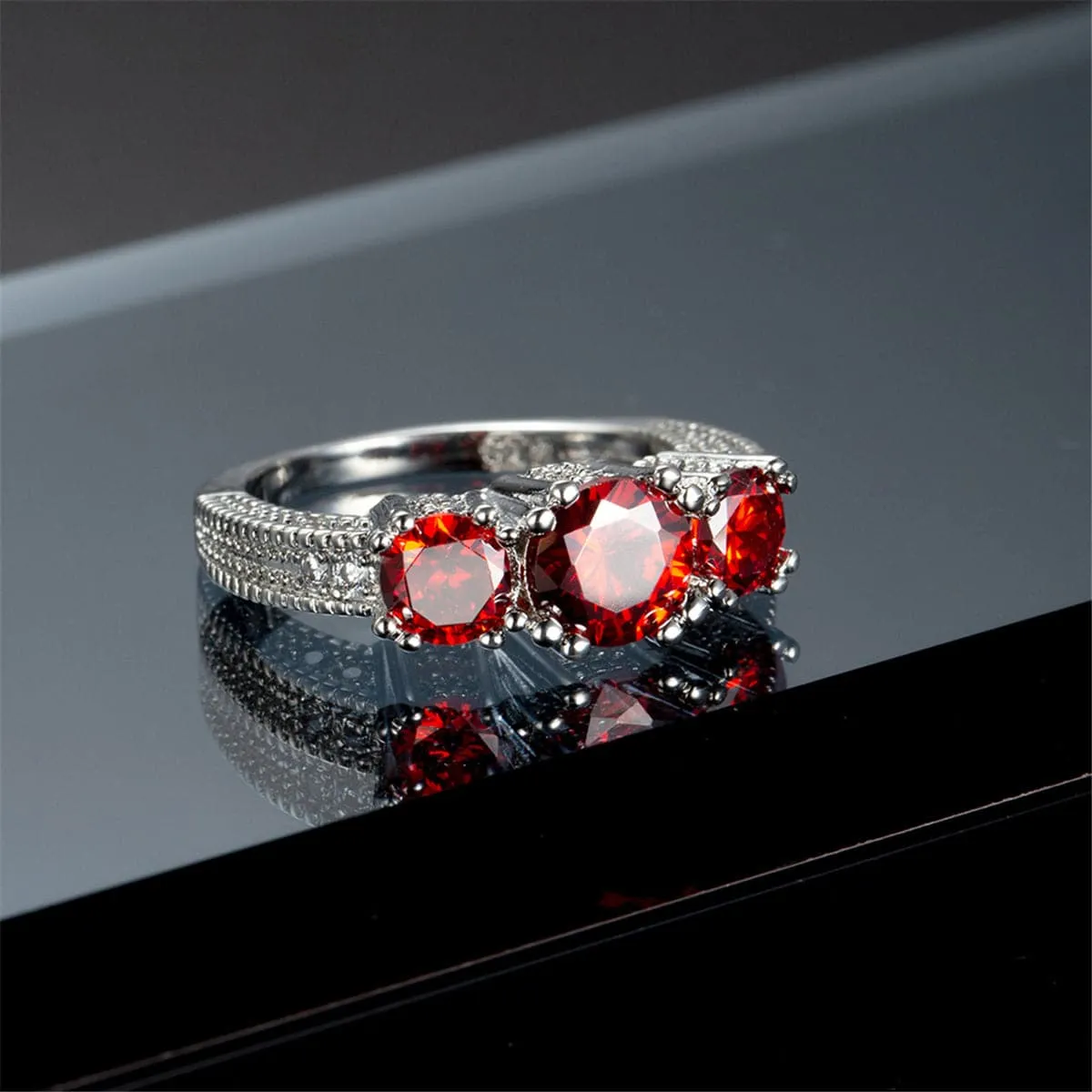 Red Crystal & Silver-Plated Three-Stone Ring