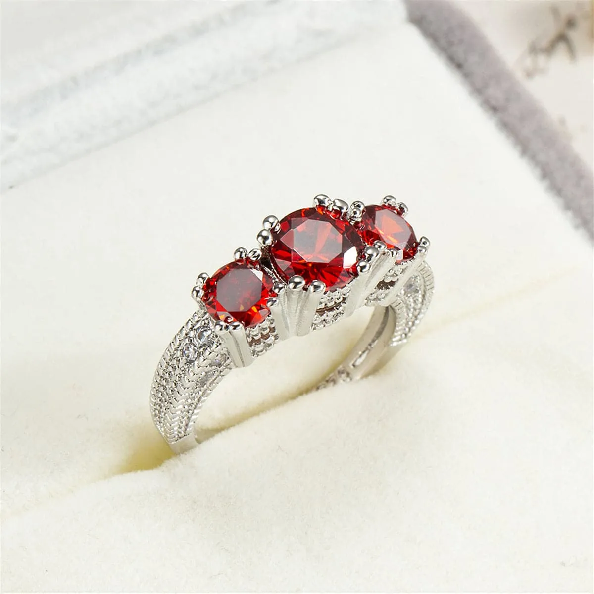 Red Crystal & Silver-Plated Three-Stone Ring