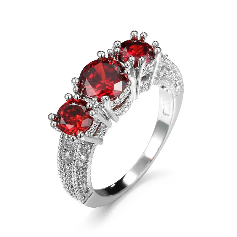 Red Crystal & Silver-Plated Three-Stone Ring
