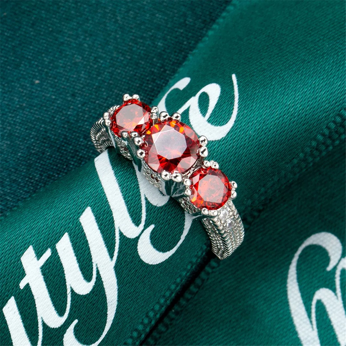 Red Crystal & Silver-Plated Three-Stone Ring