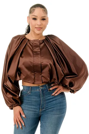 Satin Soft Crop Bubble Sleeve Top (Brown)