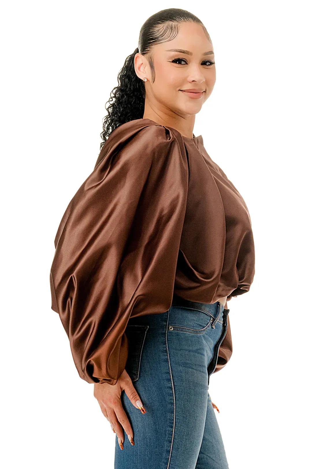 Satin Soft Crop Bubble Sleeve Top (Brown)