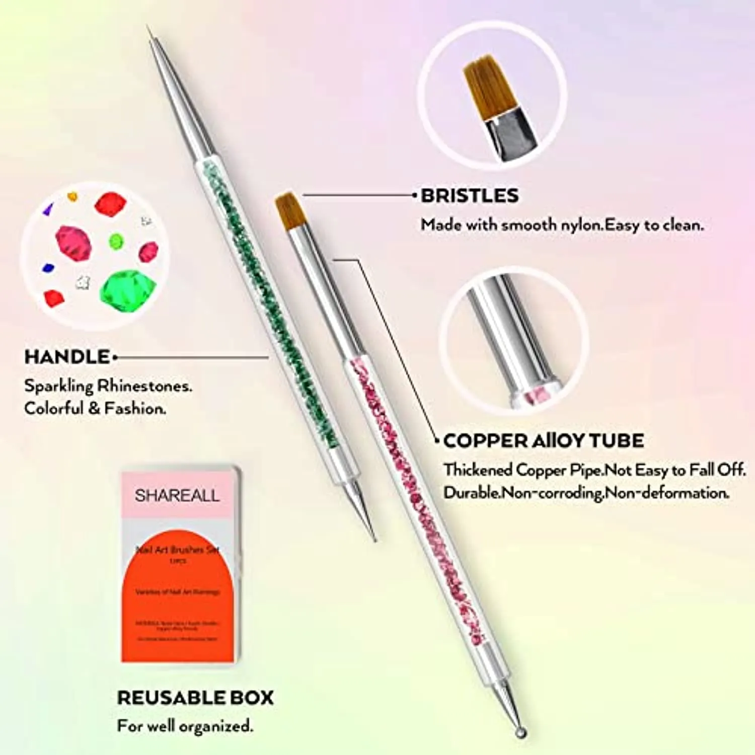 SHAREALL Nail Art Brushes 13PCS with Acrylic Nail Brush Nail Art Liner Brushes Extension Gel Nail Brush 3D Nail Art Brush Nail Dotting Pen Double-ended Nail Art Design Painting Tools Set for Manicure