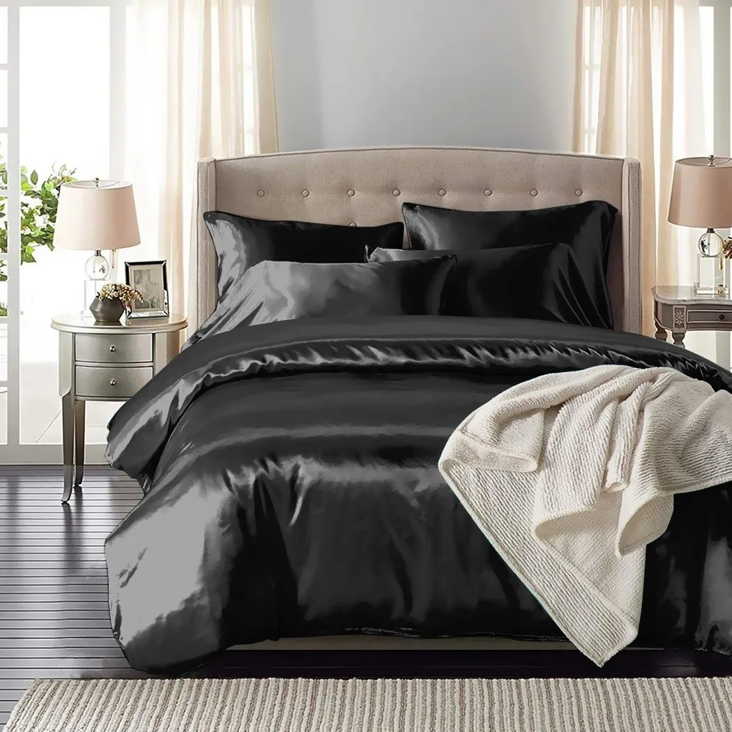 Silk Satin Quilt Duvet Cover Set in Single Size in Black Colour