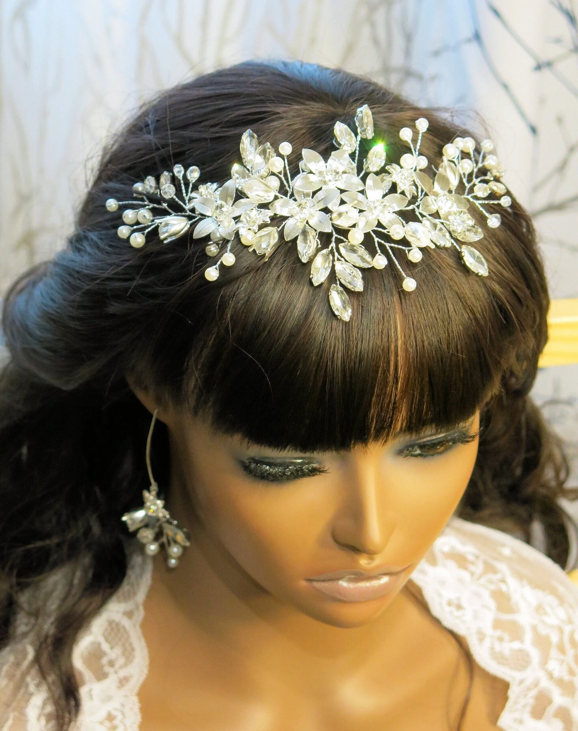 Silver Flower Hairpiece and Bridal Marquise Hoop Earrings, Wedding Metal Flower Hair Vine Headpiece