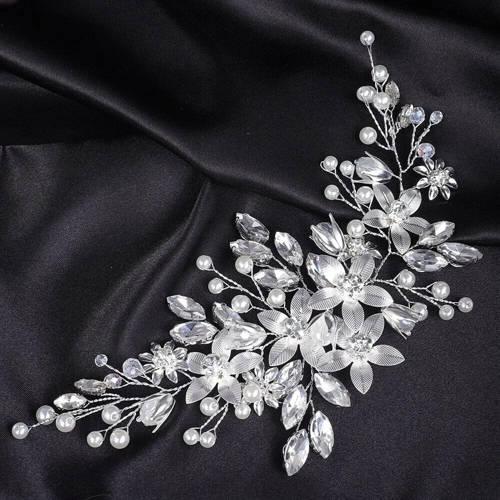 Silver Flower Hairpiece and Bridal Marquise Hoop Earrings, Wedding Metal Flower Hair Vine Headpiece
