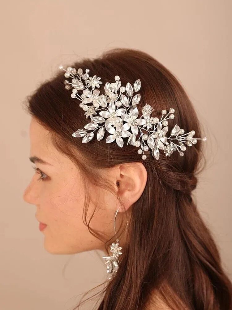 Silver Flower Hairpiece and Bridal Marquise Hoop Earrings, Wedding Metal Flower Hair Vine Headpiece