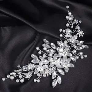Silver Flower Hairpiece and Bridal Marquise Hoop Earrings, Wedding Metal Flower Hair Vine Headpiece