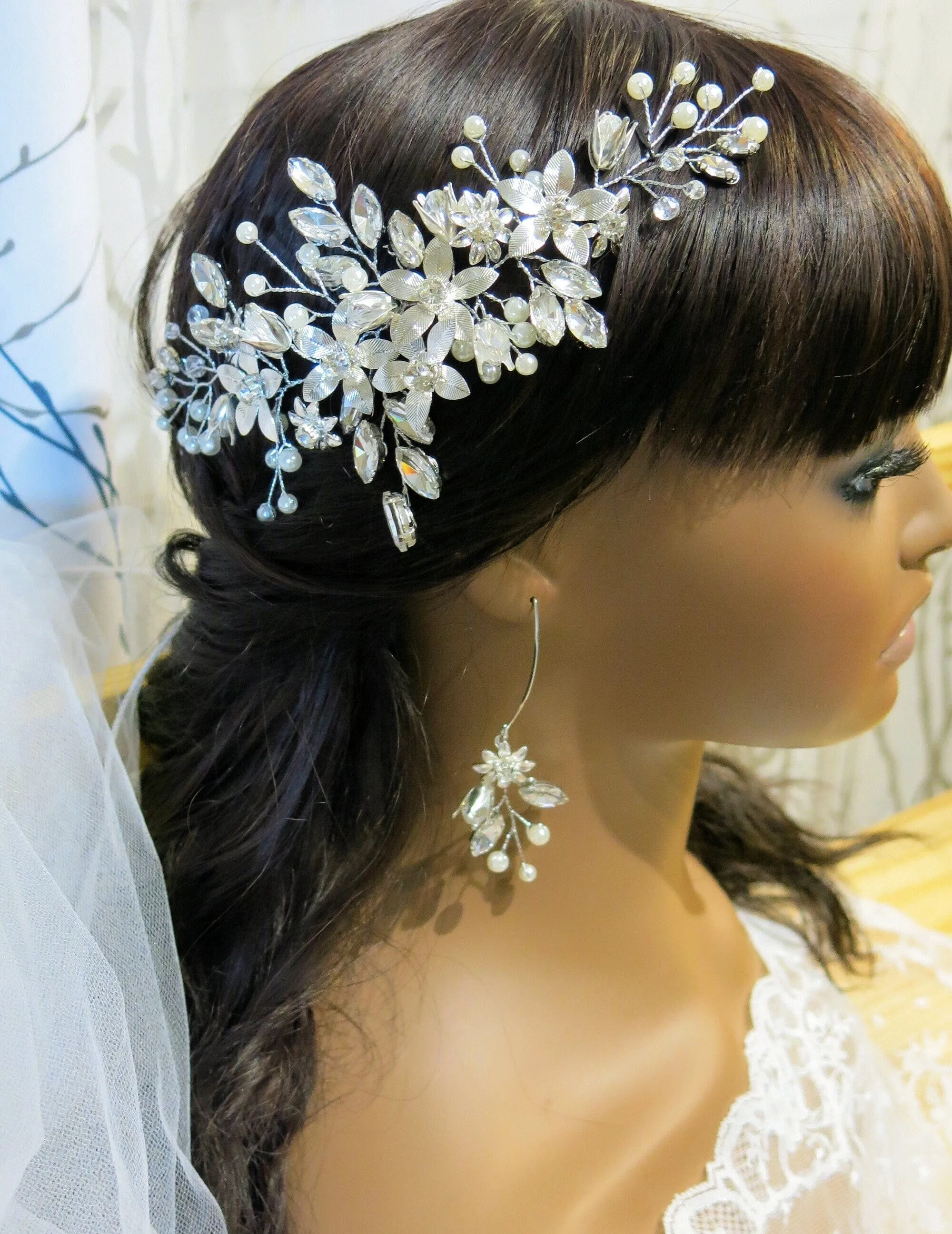 Silver Flower Hairpiece and Bridal Marquise Hoop Earrings, Wedding Metal Flower Hair Vine Headpiece