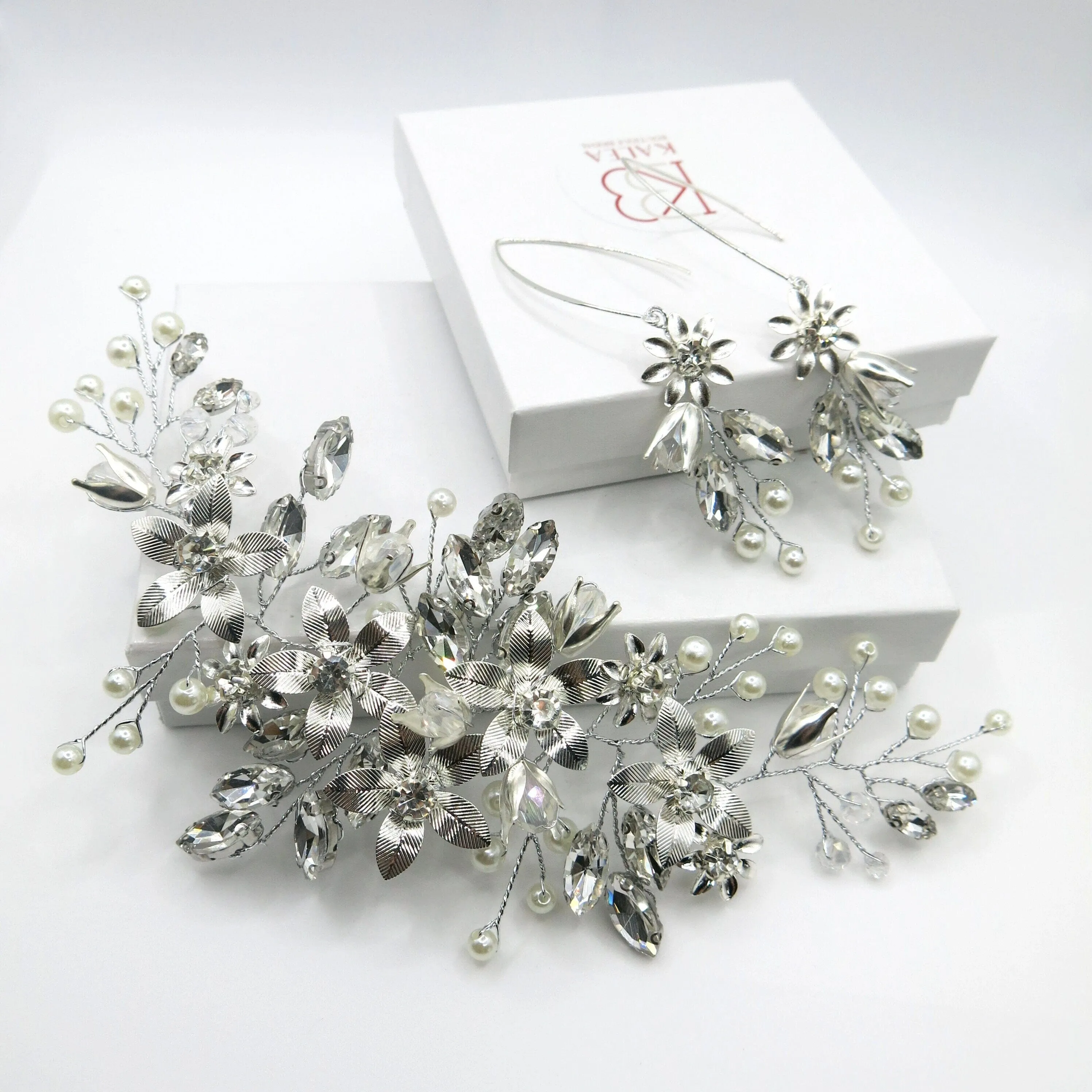Silver Flower Hairpiece and Bridal Marquise Hoop Earrings, Wedding Metal Flower Hair Vine Headpiece
