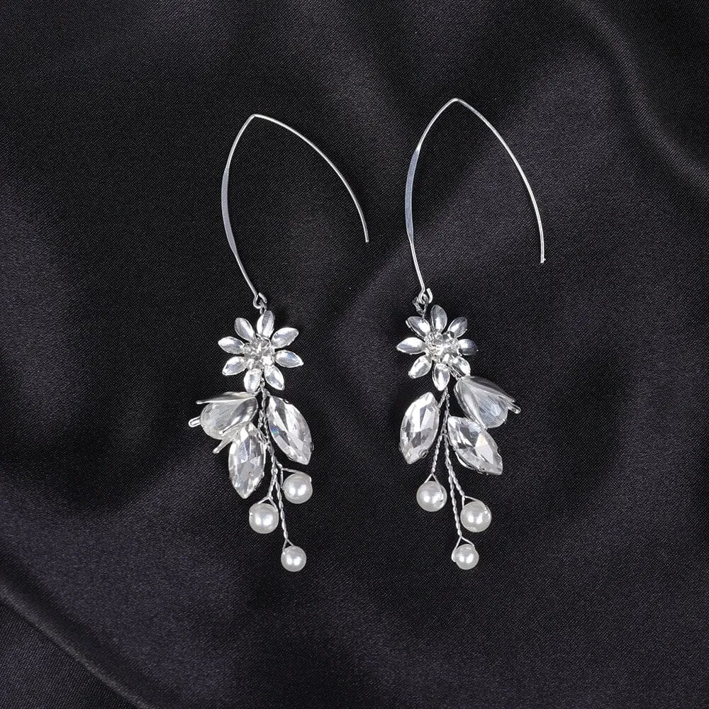 Silver Flower Hairpiece and Bridal Marquise Hoop Earrings, Wedding Metal Flower Hair Vine Headpiece