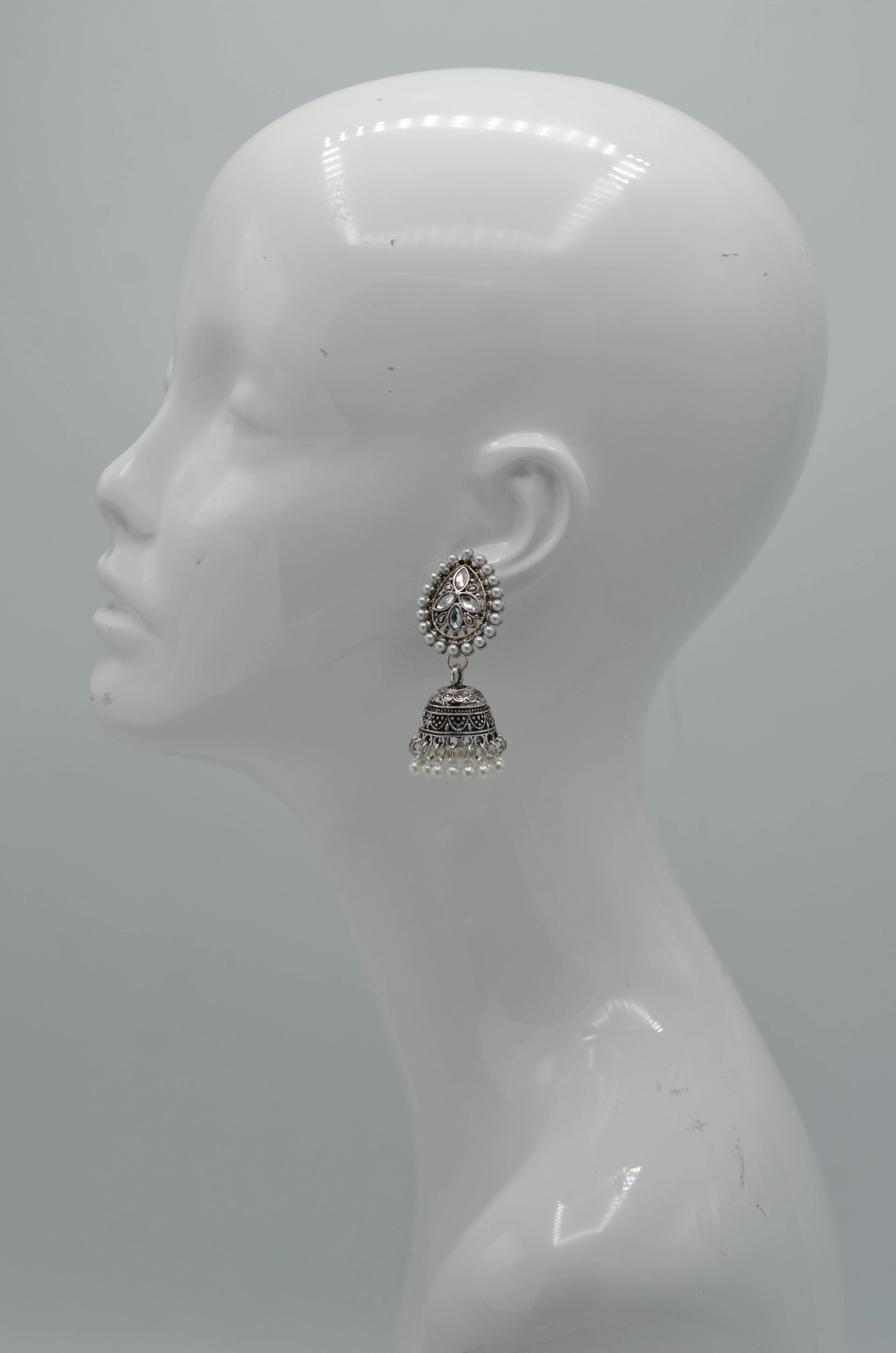 Silver pearl and crystal tassel Jhumka Earrings #GFE6285(GE5)