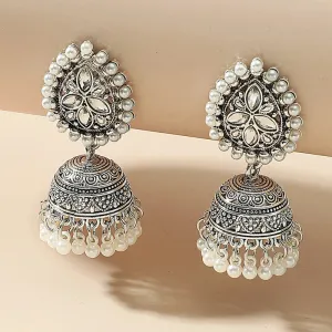 Silver pearl and crystal tassel Jhumka Earrings #GFE6285(GE5)