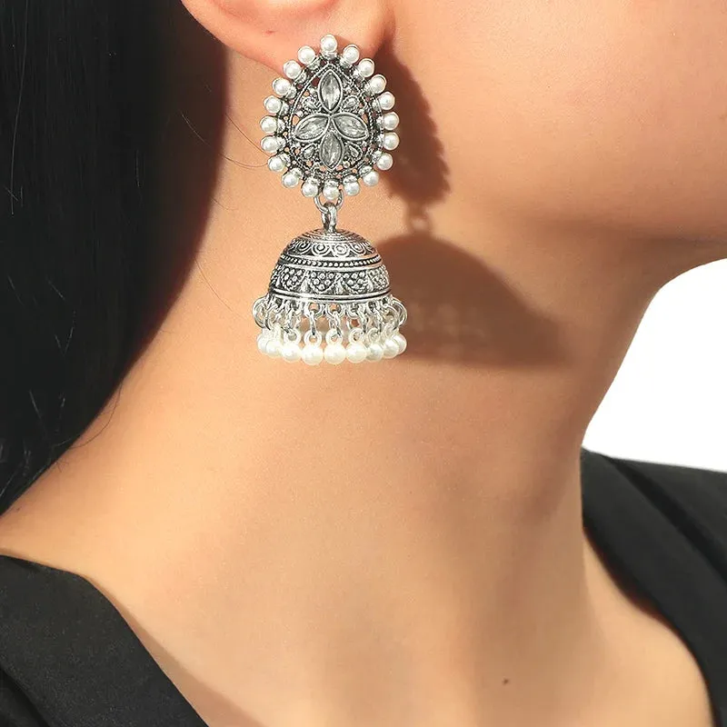 Silver pearl and crystal tassel Jhumka Earrings #GFE6285(GE5)