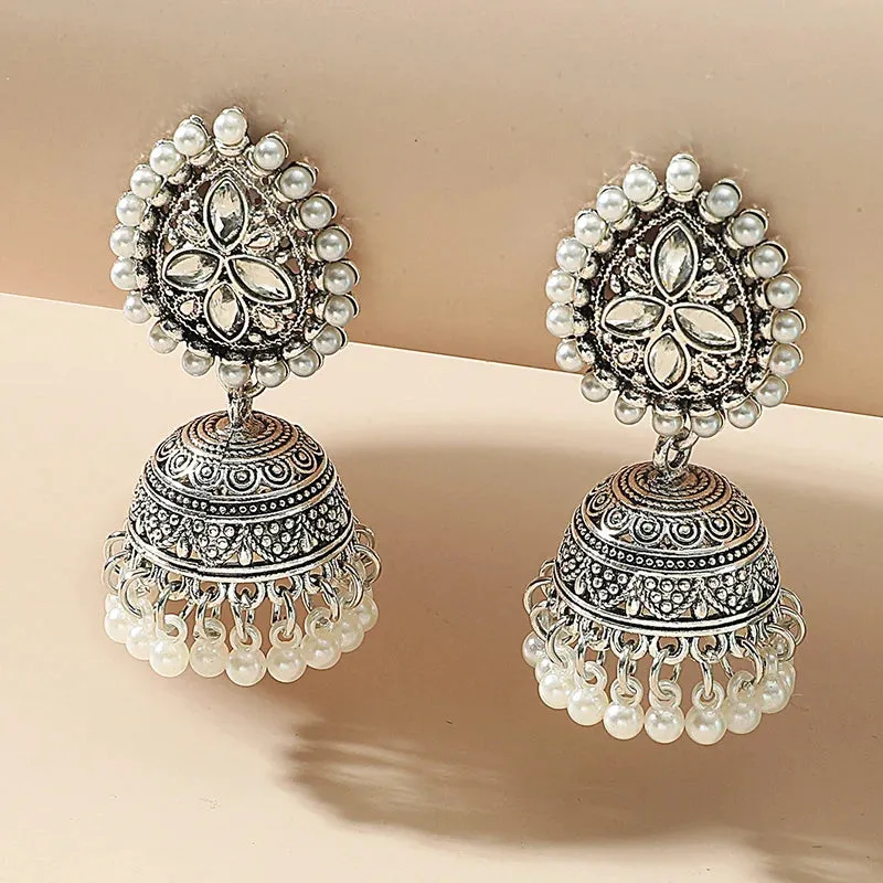 Silver pearl and crystal tassel Jhumka Earrings #GFE6285(GE5)