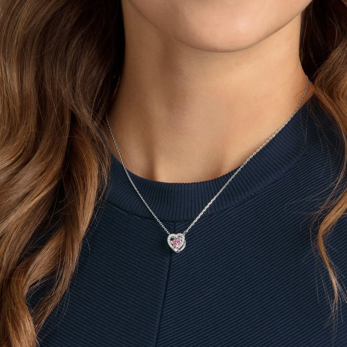 Sparkling Dance Pink Rhodium Plating Heart Necklace 