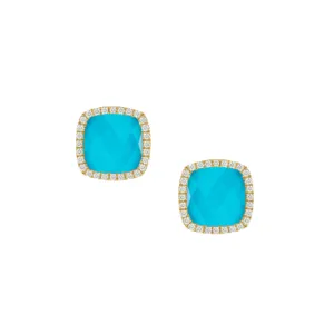 St. Barths 18K Yellow Gold Quartz Over Turquoise Diamond Halo Earring