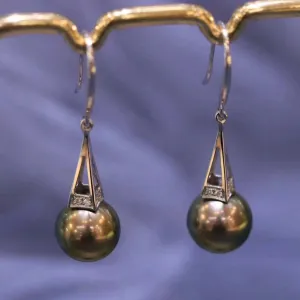 Tower Collection 10.0-11.0 mm Tahitian Black Pearl & Diamond Dangle Earrings Mounted on G18k
