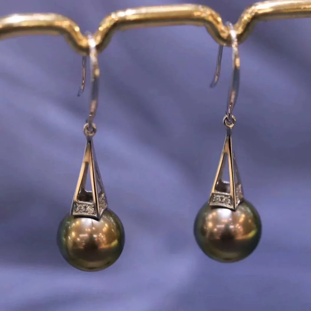 Tower Collection 10.0-11.0 mm Tahitian Black Pearl & Diamond Dangle Earrings Mounted on G18k