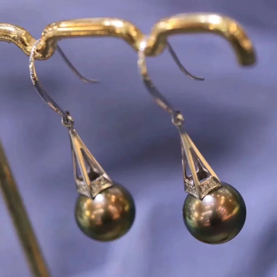 Tower Collection 10.0-11.0 mm Tahitian Black Pearl & Diamond Dangle Earrings Mounted on G18k
