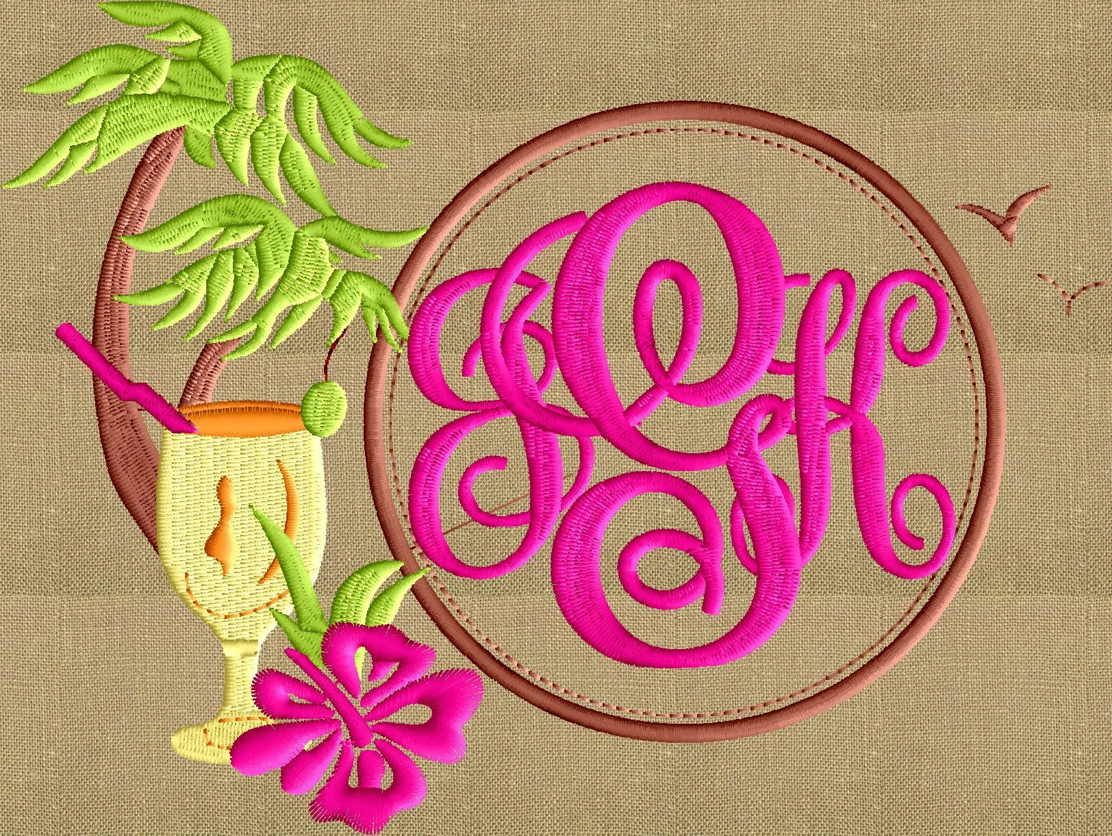 Tropical Font Frame Monogram Embroidery Design LARGER FRAMES ONLY