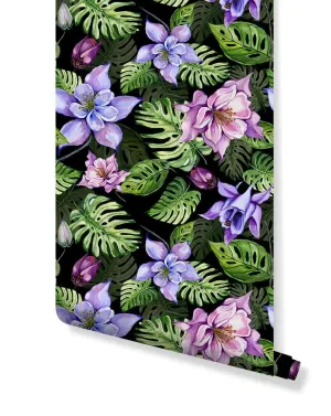 Tropical Monstera Leaves Purple Flowers Wallpaper