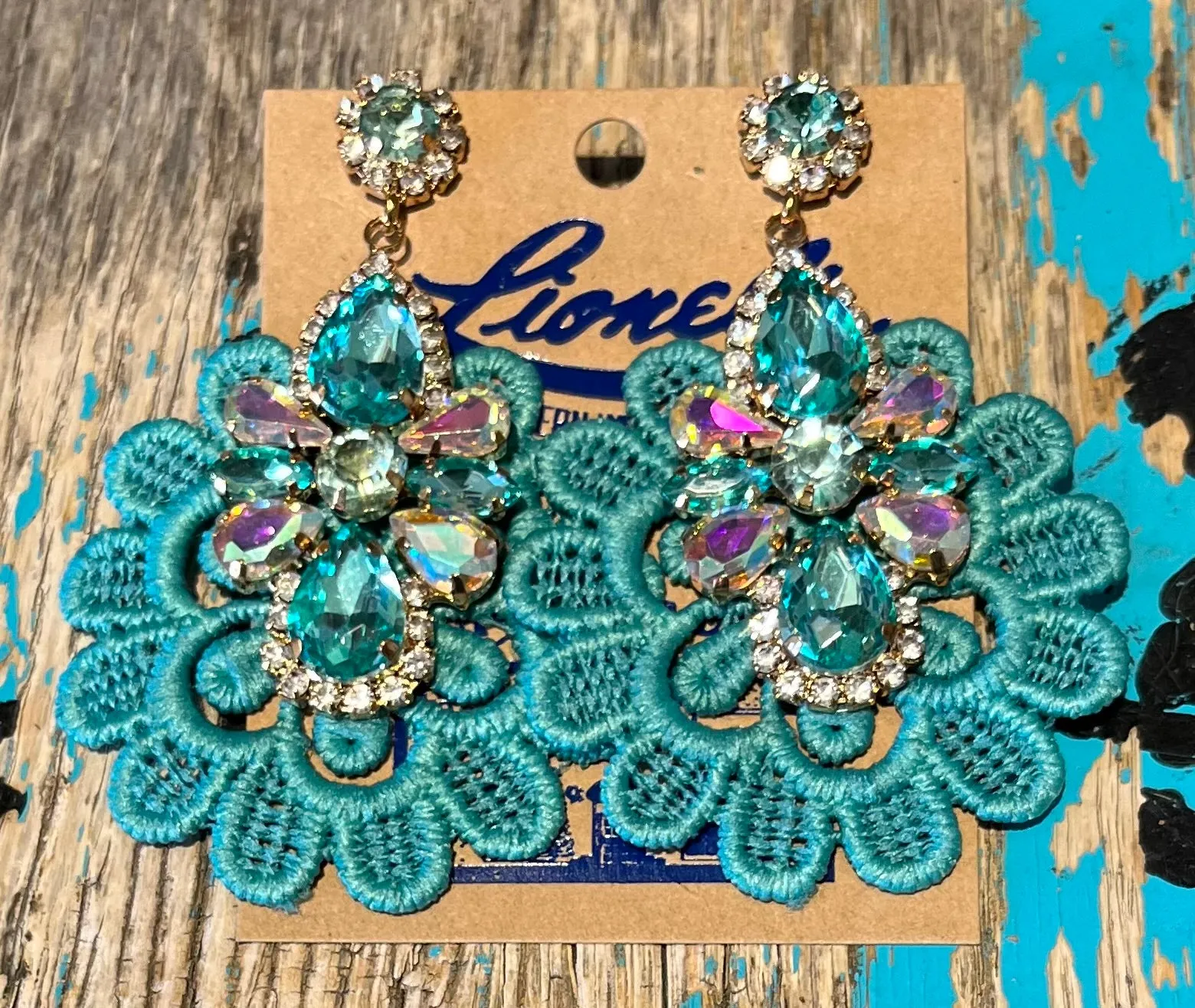 Turquoise Lace & Crystal Earrings