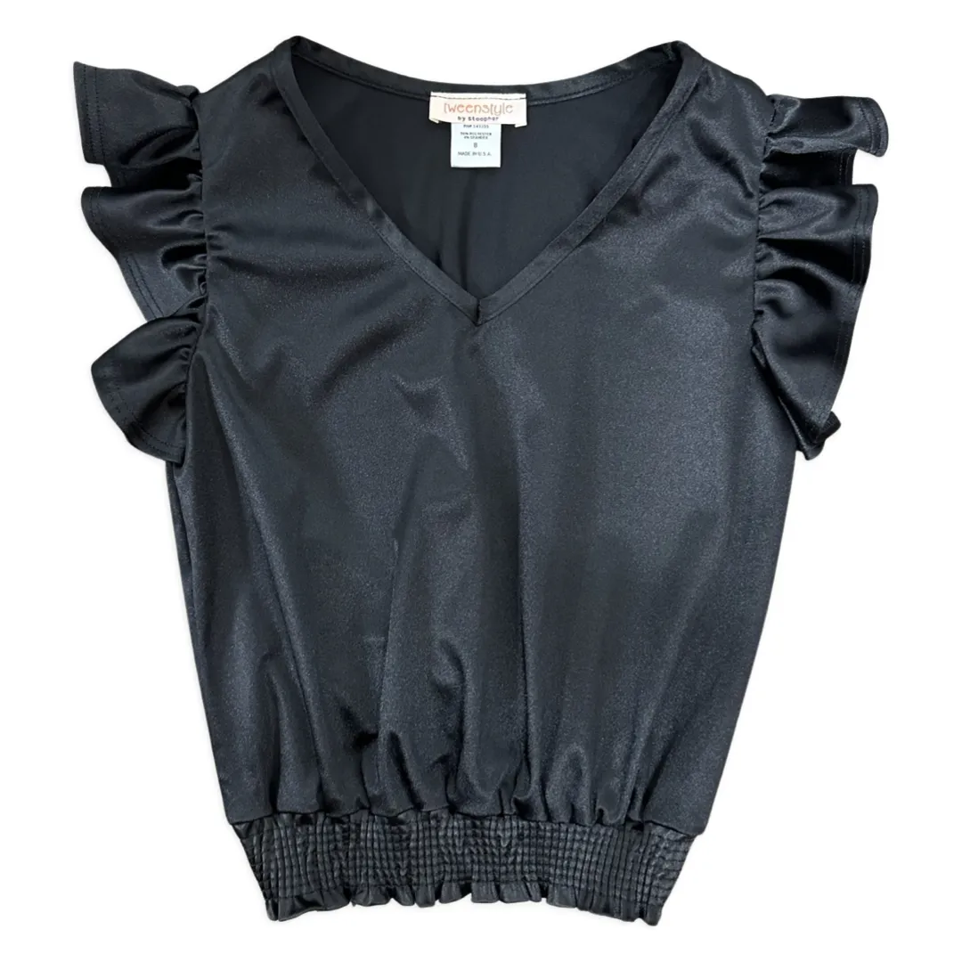 Tweenstyle by Stoopher Smocked Hem Satin Top with Flutter Sleeve - Black
