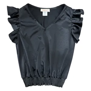 Tweenstyle by Stoopher Smocked Hem Satin Top with Flutter Sleeve - Black