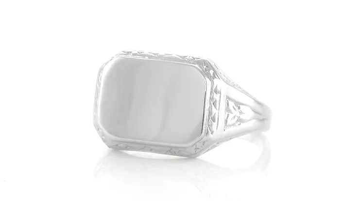 Victorian Antique Style Rectangle Seal Signet Ring in 14 Karat White Gold