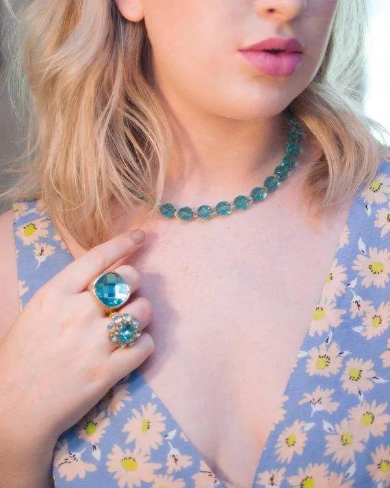 Vintage CN Design Ring, Blue Crystal Statement Ring, Size 8 1/2