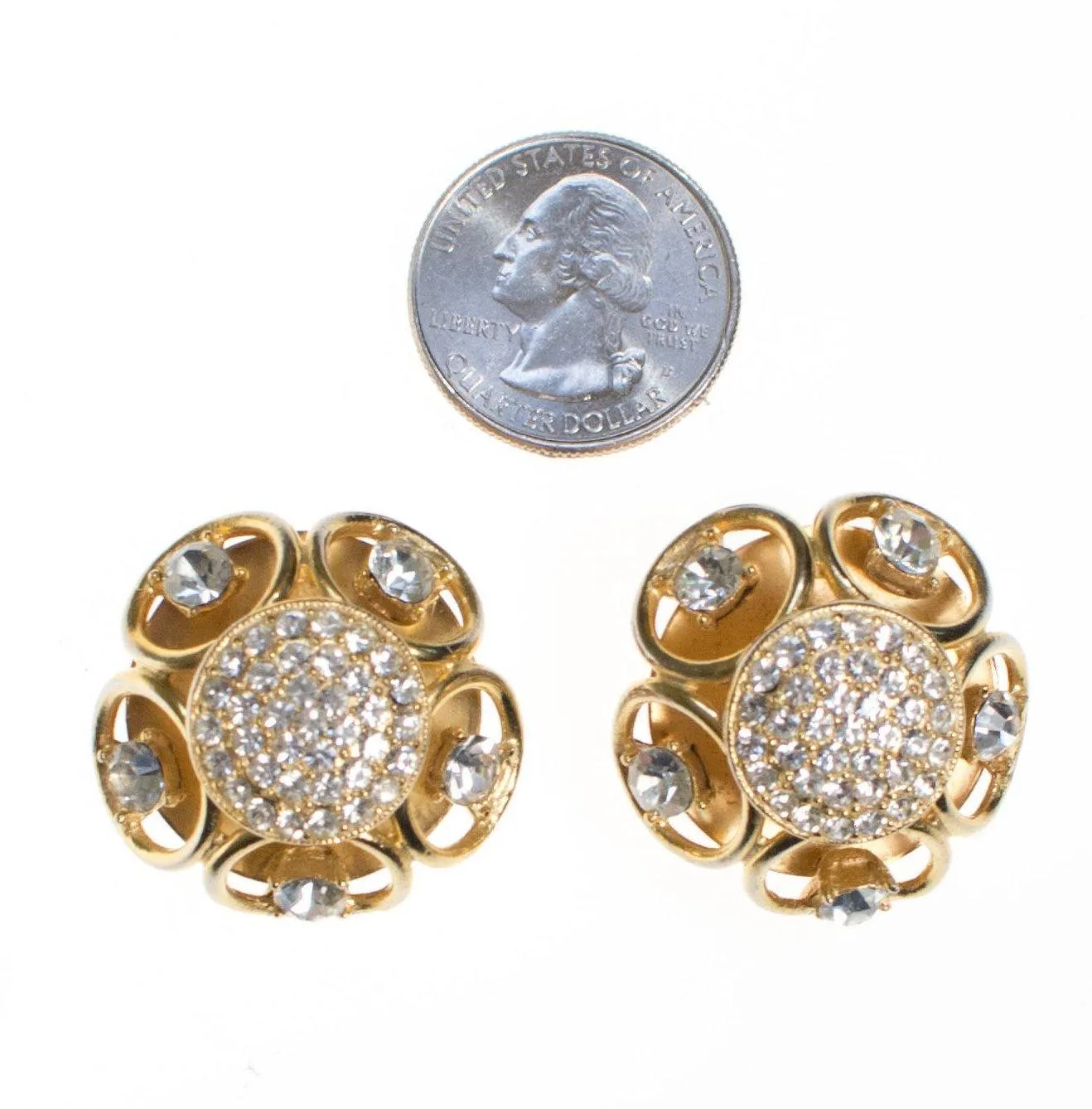 Vintage Gold Dome Scroll Crystal Rhinestone Statement Earrings
