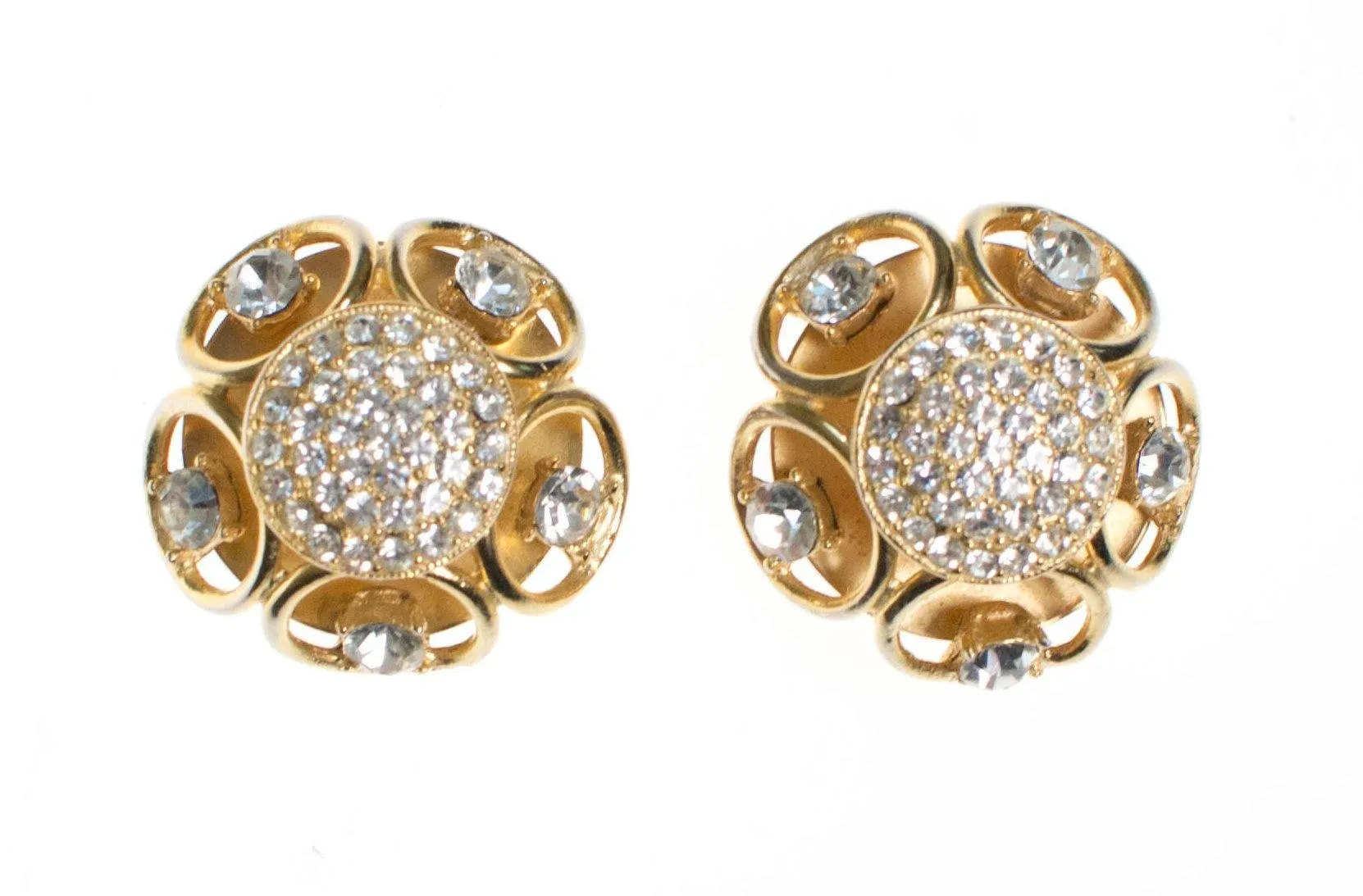 Vintage Gold Dome Scroll Crystal Rhinestone Statement Earrings