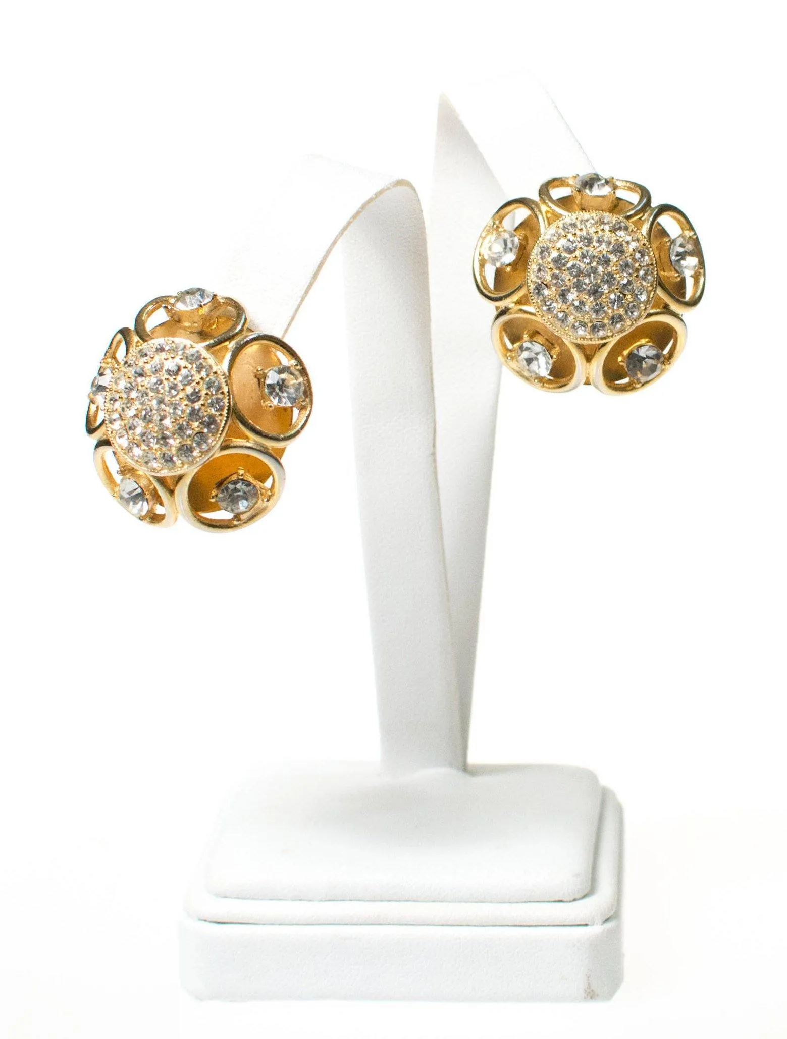 Vintage Gold Dome Scroll Crystal Rhinestone Statement Earrings