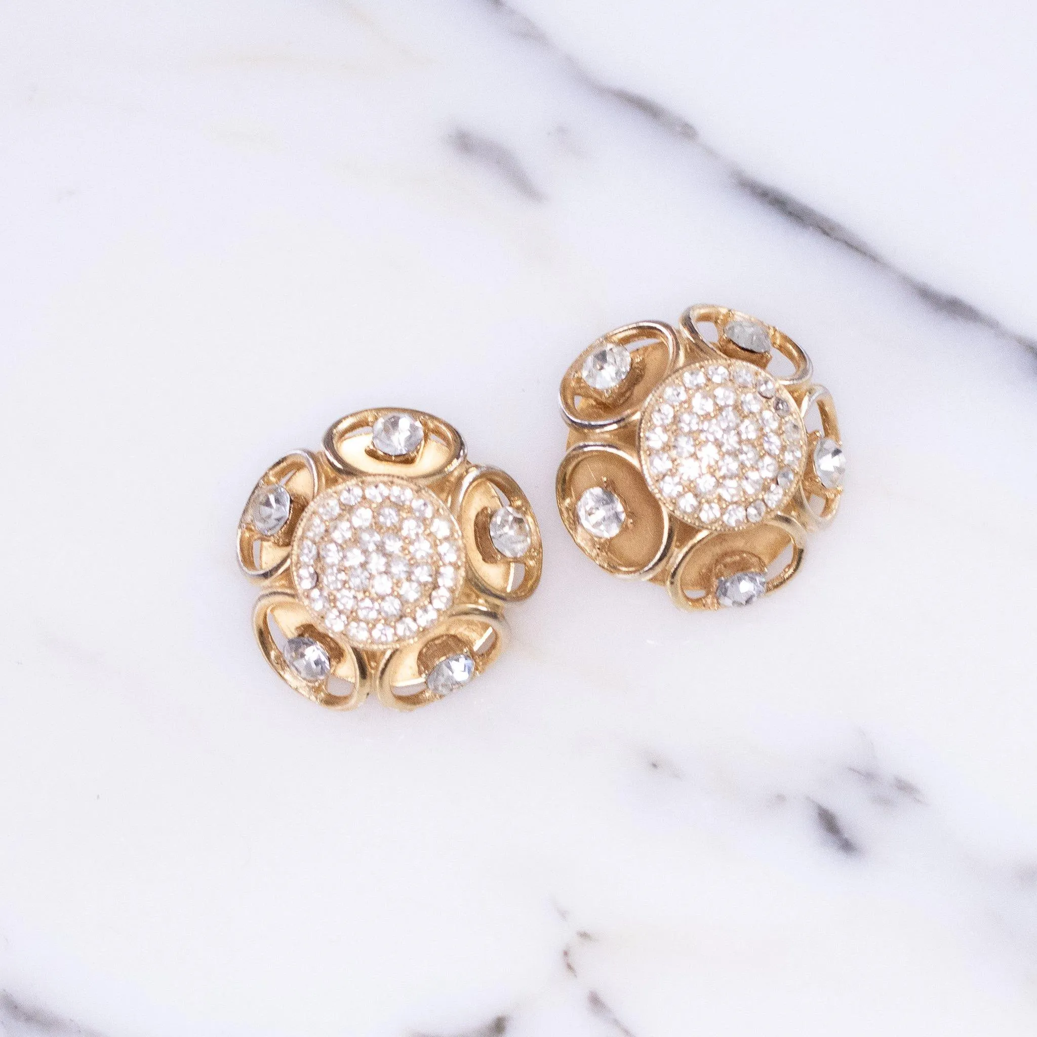 Vintage Gold Dome Scroll Crystal Rhinestone Statement Earrings
