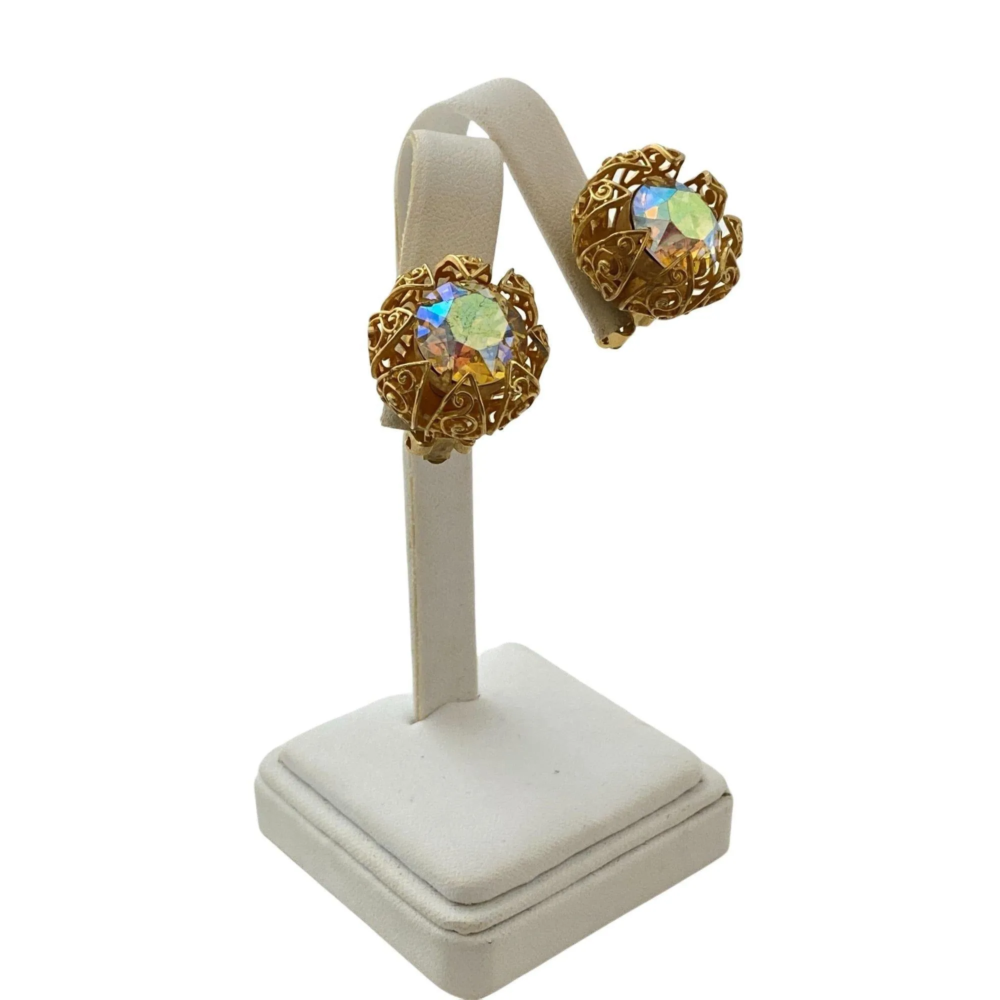Vintage Judy Lee Iridescent Aurora Borealis Crystal Statement Earrings