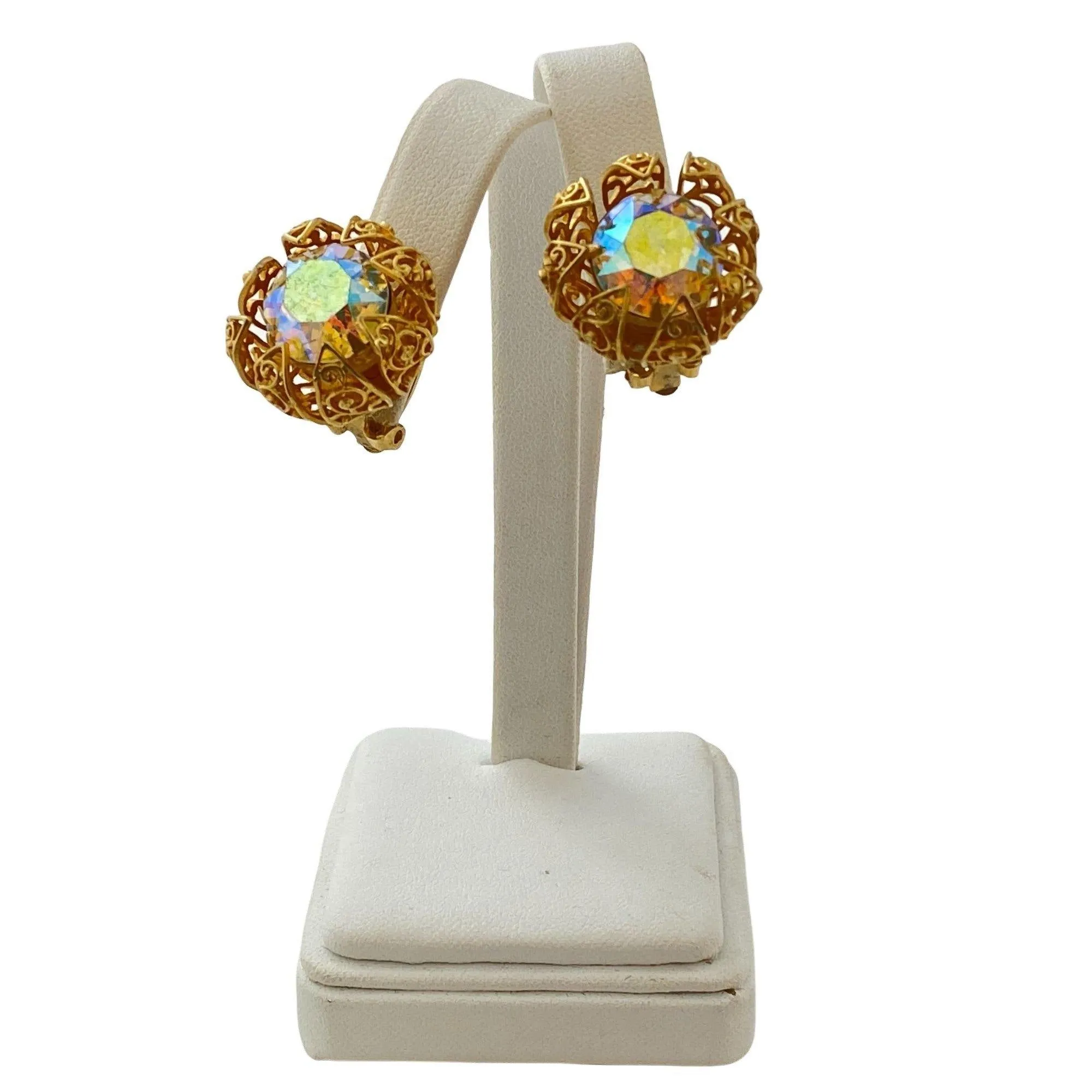 Vintage Judy Lee Iridescent Aurora Borealis Crystal Statement Earrings