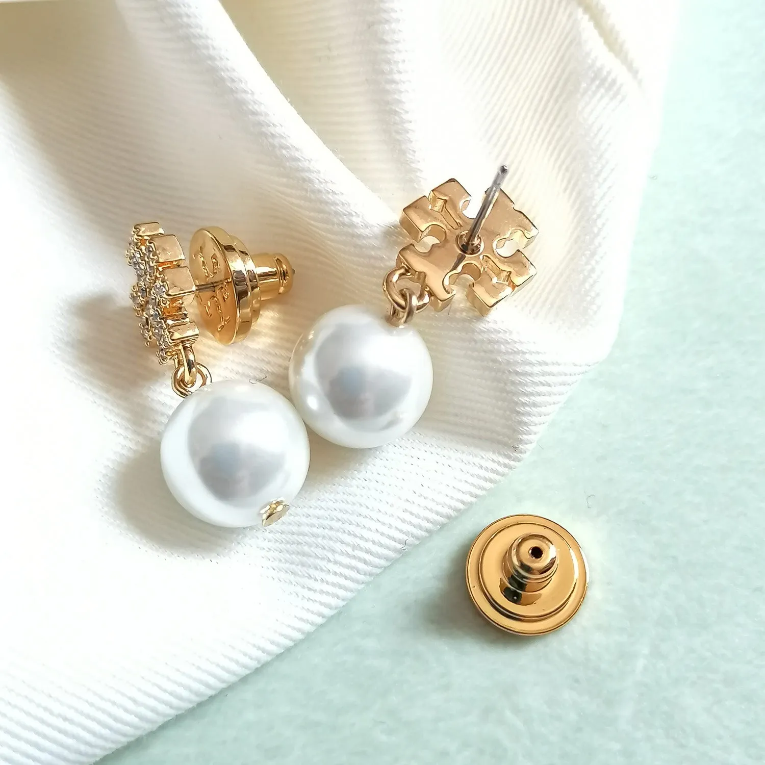 Women's Gold Crystal Logo Pearl Drop Earrings