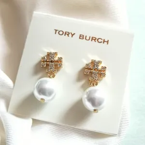 Women's Gold Crystal Logo Pearl Drop Earrings