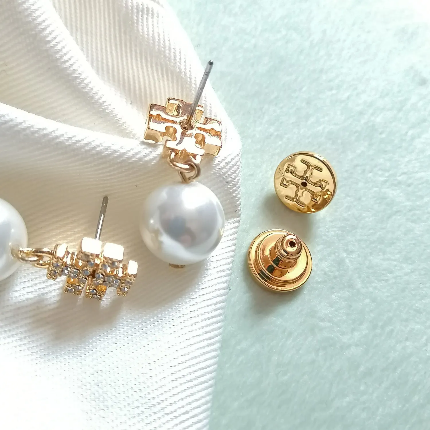 Women's Gold Crystal Logo Pearl Drop Earrings