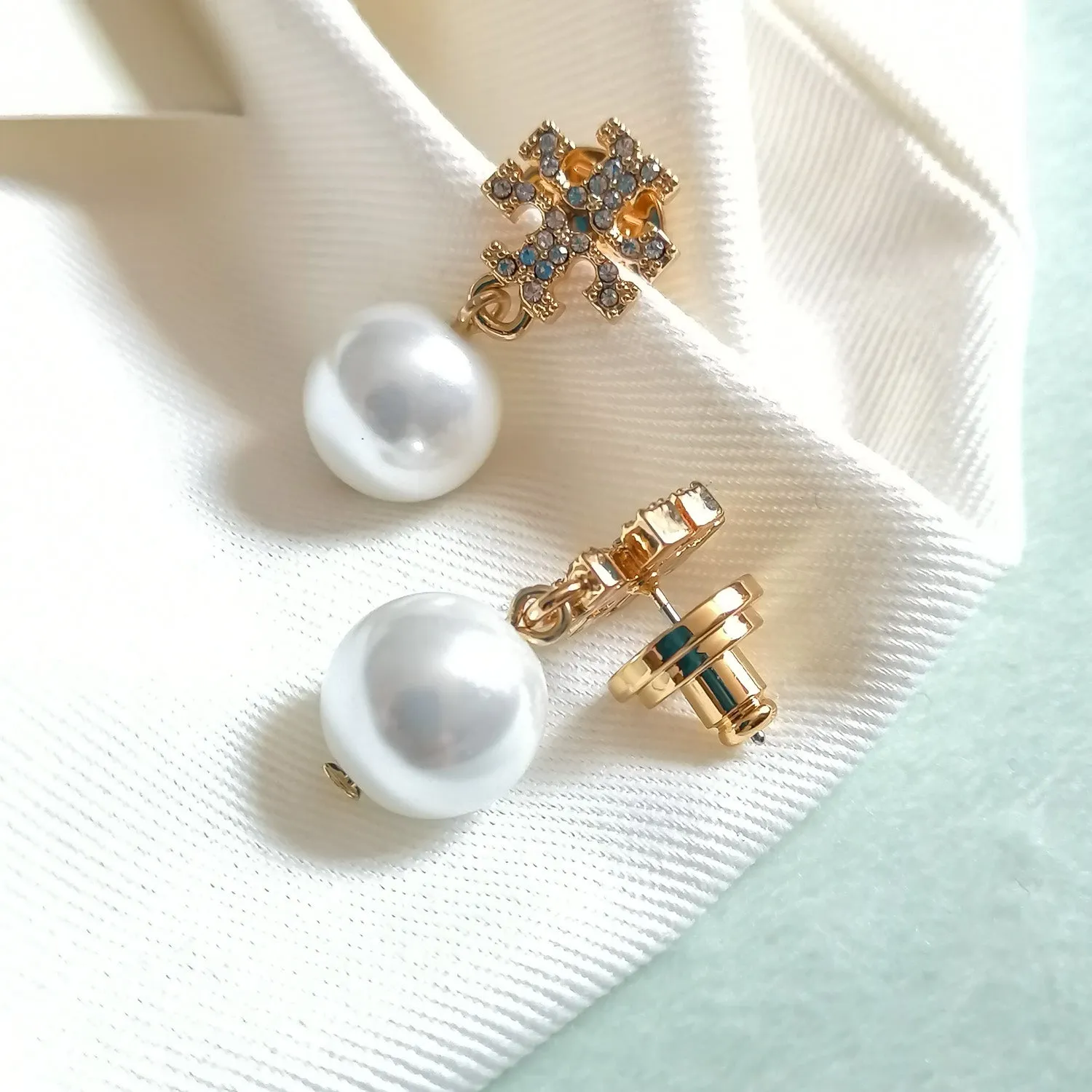 Women's Gold Crystal Logo Pearl Drop Earrings